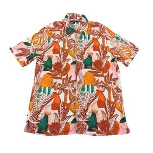 Shore Viscose Stretch Orange Green Hawaiian Mens S/S Button Front Sz S USA